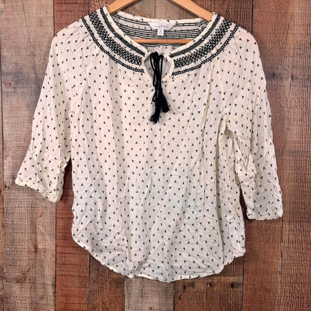 Charming Charlie White Black Heart Boho Blouse Tassel Tie Keyhole Top Small S